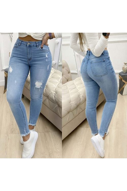 Kadın Yüksek Bel Yırtık Desenli Skınny Kot Pantolon