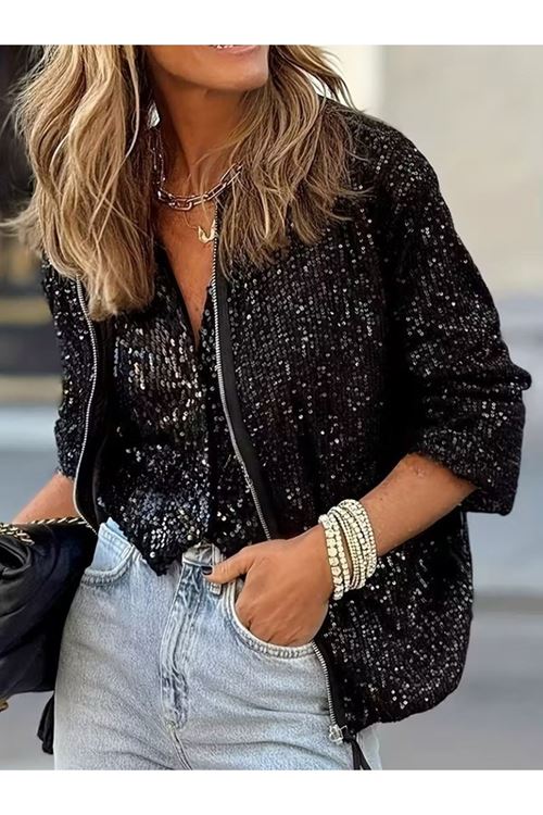 Kadın Uzun Kollu önü Fermuarlı Kısa Pulpayet Ceket