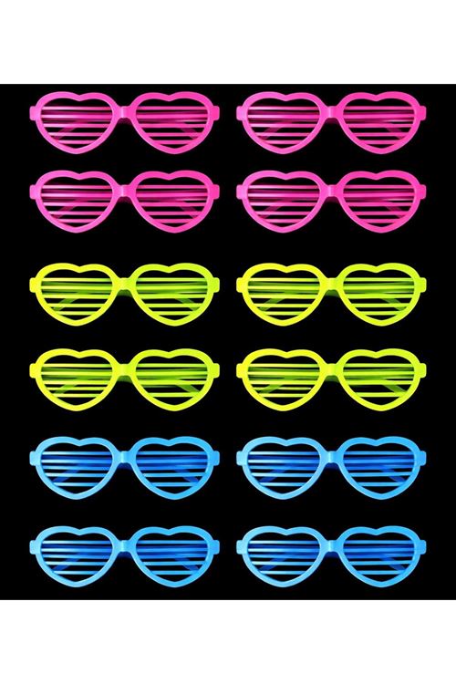 Retro Neon Fosforlu Kalp Panjur Gözlük - 12 Adet