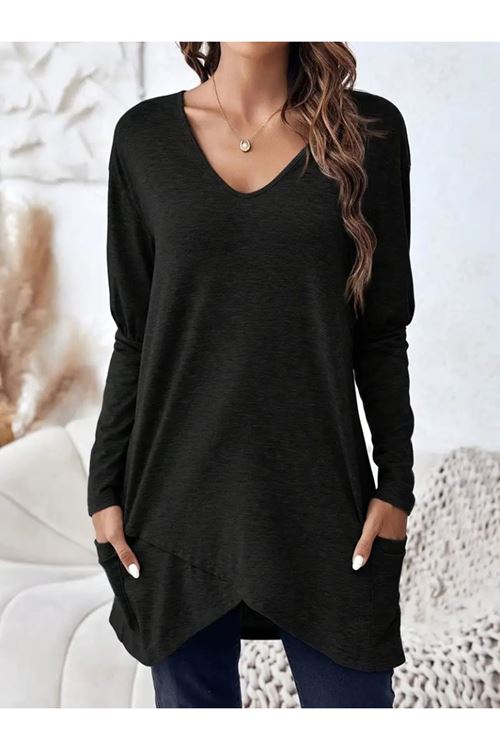Kadın Uzun Kollu Derin V Yakalı Asimetrik Kesim Cepli Detay Yün Viskon Iki Iplik Bluz