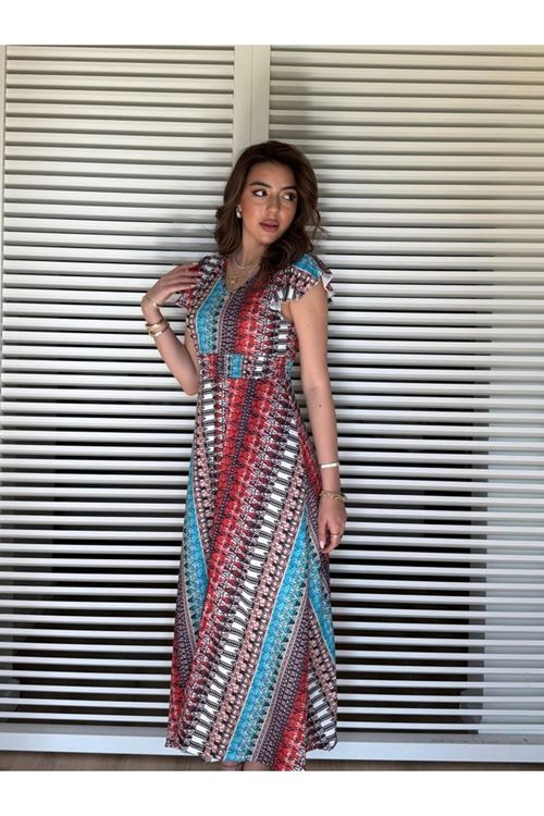 Kadın Kısa Kollu V Yakalı Desenli Yandan Yırtmaçlı Süprem Elbise