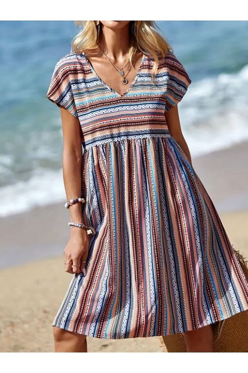 Kadın Kısa Kollu V Yakalı Pile Detay Keten Elbise