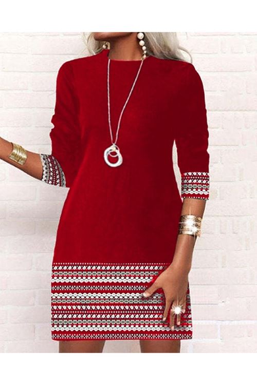 Kadın Uzun Kollu Bisiklet Yaka Kol Ağzı Ve Etek Ucu Baskılı Iki Iplik Elbise