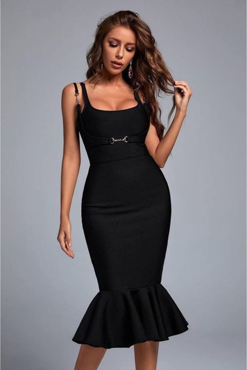 Kadın Omuz Askılı Sırt Dekolteli Interlok Kumaş Midi Kalem Elbise