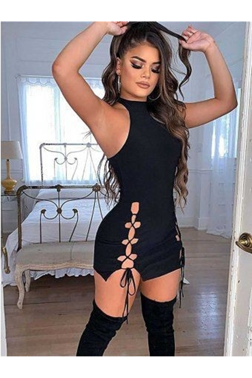 Kadın Halter Yaka Eteği Dekolteli Bağcık Detay Dalgıç Elbise