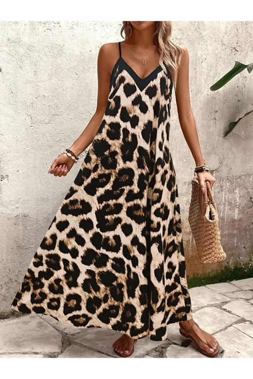 Kadın Ip Askılı Geniş V Yakalı Leopar Desenli Süprem Elbise