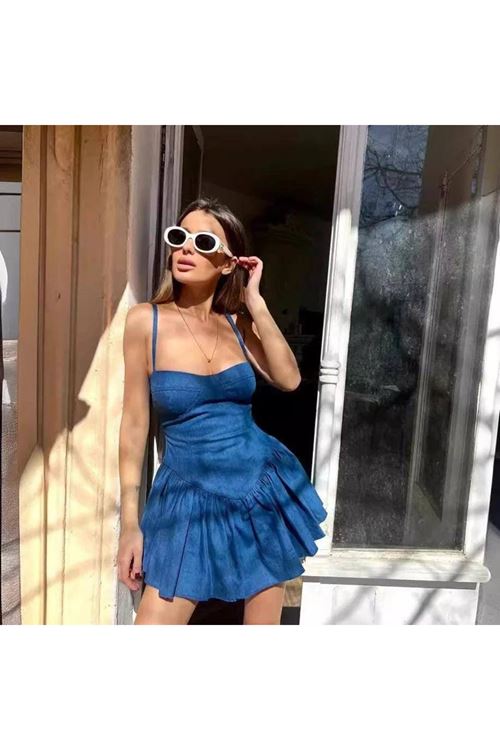 Kadın Kot Kumaş Göğüs Glop Detaylı Sırt Fermuarlı Mini Boy Elbise