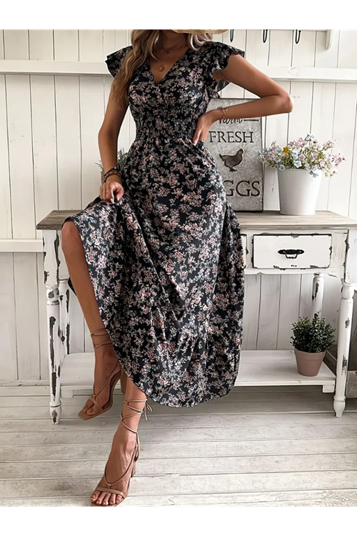 Kadın Kısa Kollu Kruvaze Yaka Beli Lastikli çiçek Desenli Elbise