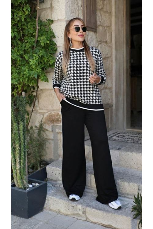 Kadın Uzun Kollu Bisiklet Yaka Kazayağı Desenli Iki Iplik Bluz Ve Viskon Iki Iplik Pantolon Ikili Takım