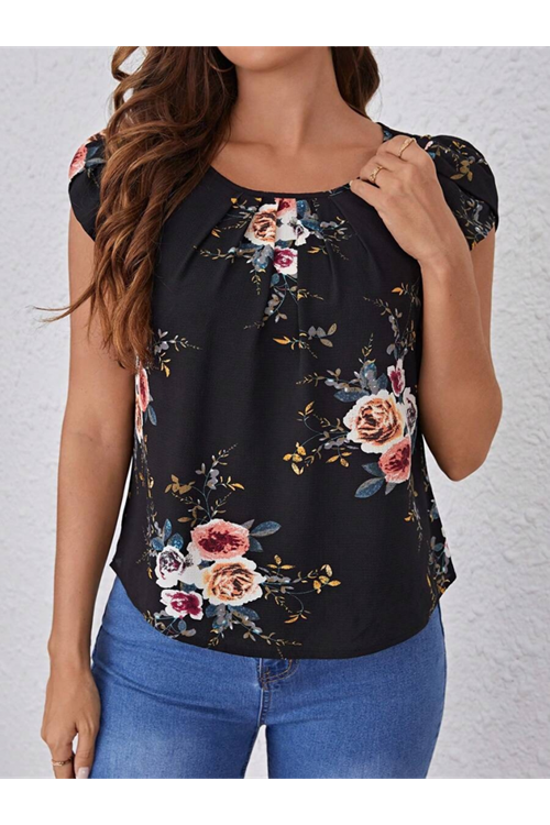 Kadın Kısa Kollu Bisiklet Yaka çiçek Baskılı Süprem Bluz