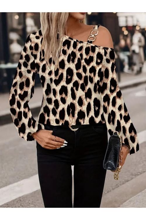 Kadın Uzun Kollu Tek Omuzu Açık Tokalı Leopar Desenli Modal Bluz