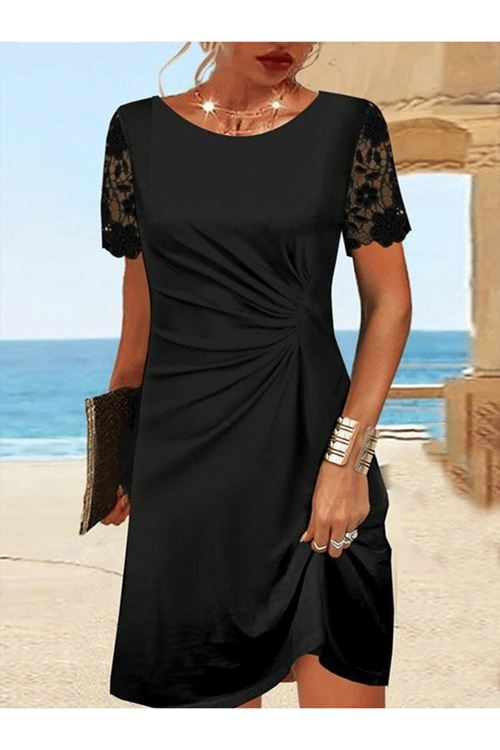 Kadın Kısa Kollu Yuvarlak Yaka Dantel Kol Detay Viskon Elbise