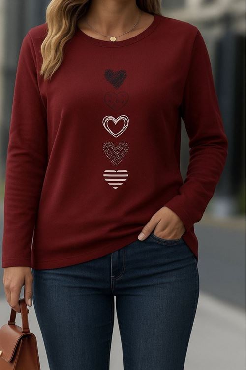 Kadın Uzun Kollu Bisiklet Yaka Desenli Viskon Bluz