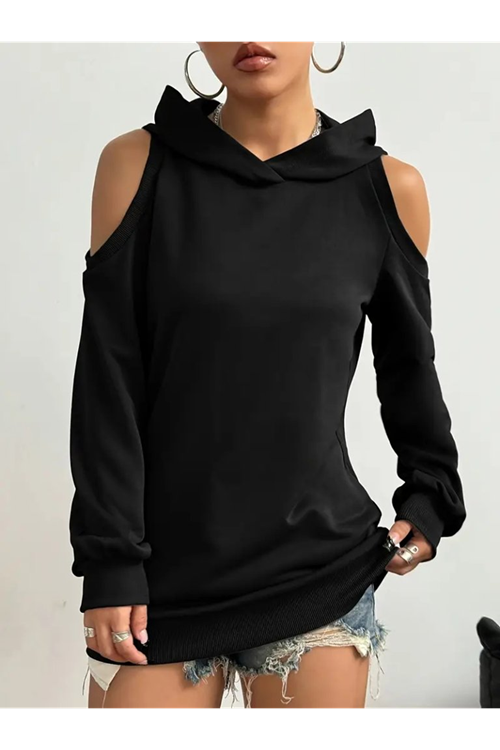 Kadın Uzun Kollu Kapşonlu Omuzlardan Açık Viskon Iki Iplik Bluz