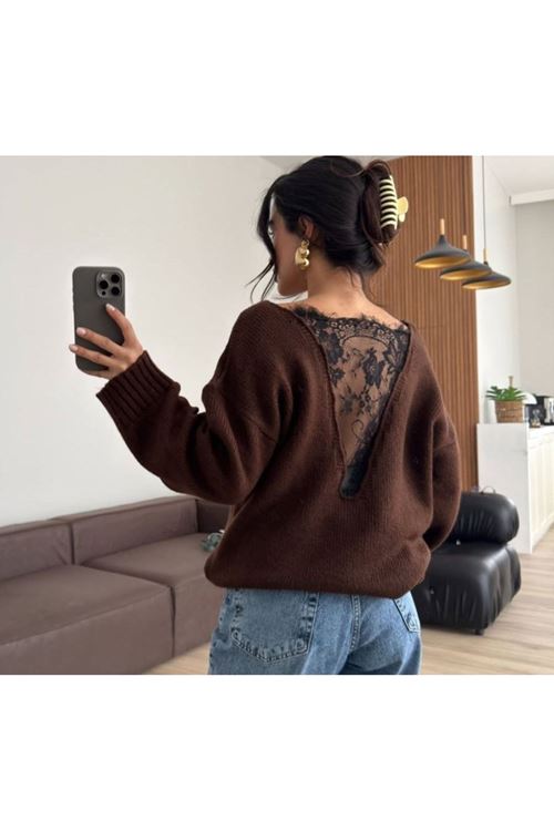 Kadın Sırtı Dantel Transparan Detay Triko Kazak