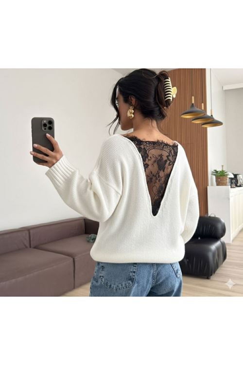 Kadın Sırtı Dantel Transparan Detay Triko Kazak