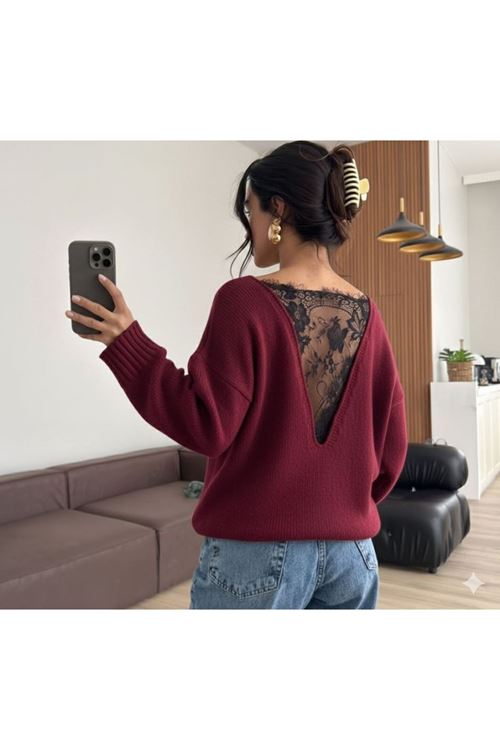 Kadın Sırtı Dantel Transparan Detay Triko Kazak