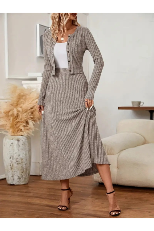 Kadın Uzun Kollu önden Düğmeli Bluz Ve Yüksek Bel A Kesim Uzun Etek şardonlu Kaşkorse Ikili Takım