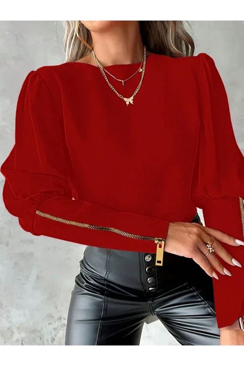 Kadın Uzun Kollu Bisiklet Yaka Fermuar Detaylı Ithal Krep Bluz
