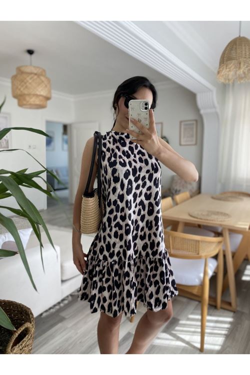 Kadın Kolsuz Sırttan Bağlamalı Fırfırlı Leopar Desenli Süprem Elbise