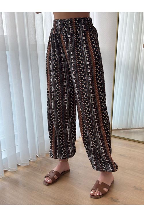 Kadın Yüksek Bel Etnik Desenli Geniş Dökümlü Bürümcük Pantolon