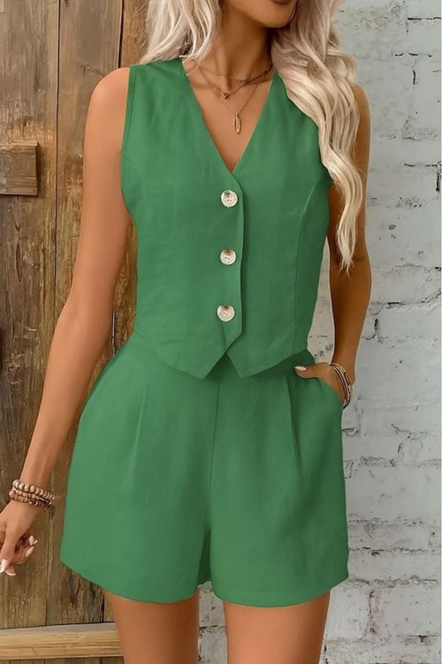 Kadın Kolsuz Askılı V Yakalı önden Düğmeli Ithal Keten Ceket Ve Short Ikili Takım