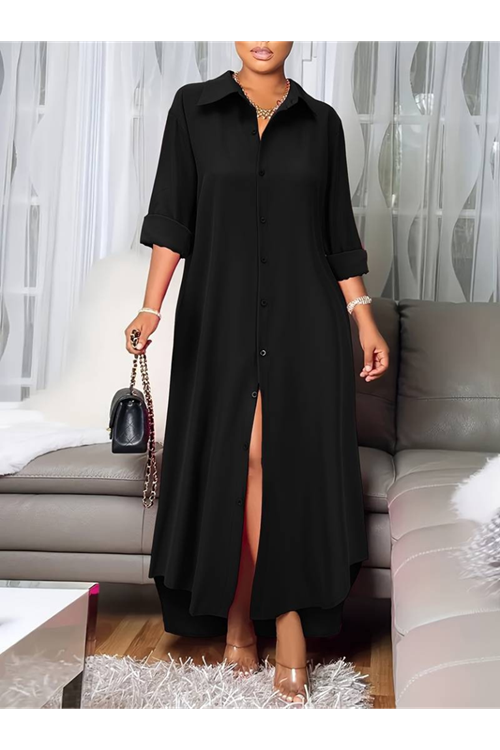 Kadın Uzun Kollu Yakalı önden Düğmeli Uzun Dokuma Elbise