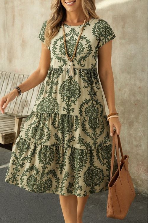 Kadın Kısa Kollu Bisiklet Yaka Desenli Fırfırlı Süprem Elbise