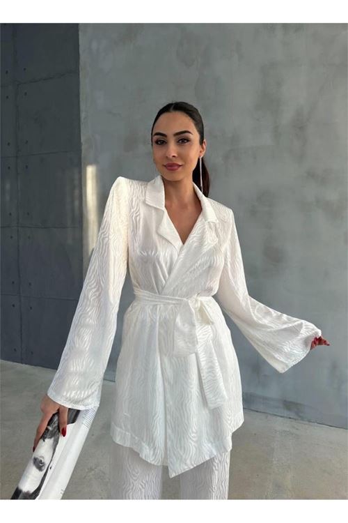 VİSKON JAKARLI BAĞLAMALI GÖMLEK - PANTOLON TAKIM - Beyaz