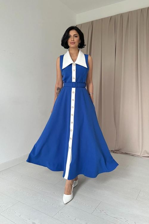 Saks Geniş Yakalı Halter Kollu Elbise