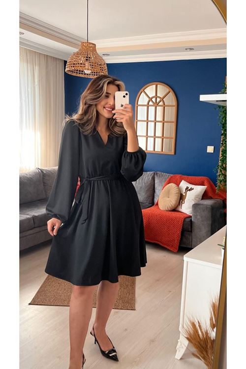 Kadın Uzun Kollu V Yakalı Belden Kuşaklı Kiloş Krep Elbise
