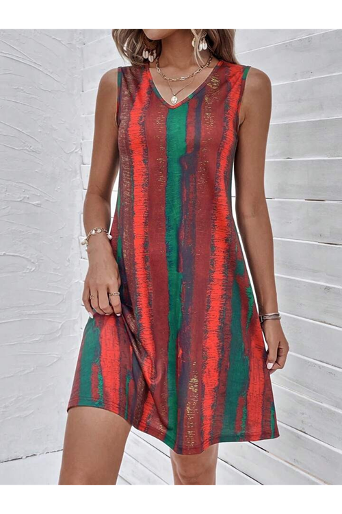 Kadın V Yaka Sıfır Kol Desenli Süprem Elbise