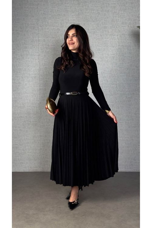 Kadın Uzun Kollu Balıkçı Yaka Kemersiz Pileli Uzun Sandy Elbise