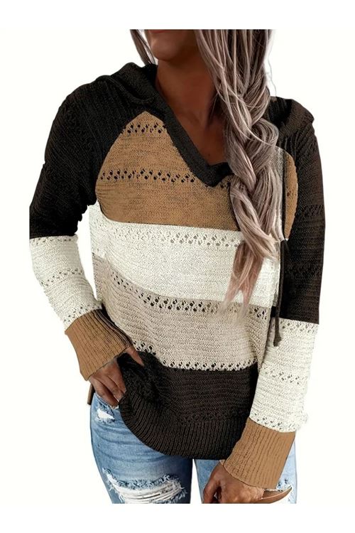 Kadın Uzun Kollu V Yakalı Bağcıklı Kapşonlu Triko Bluz