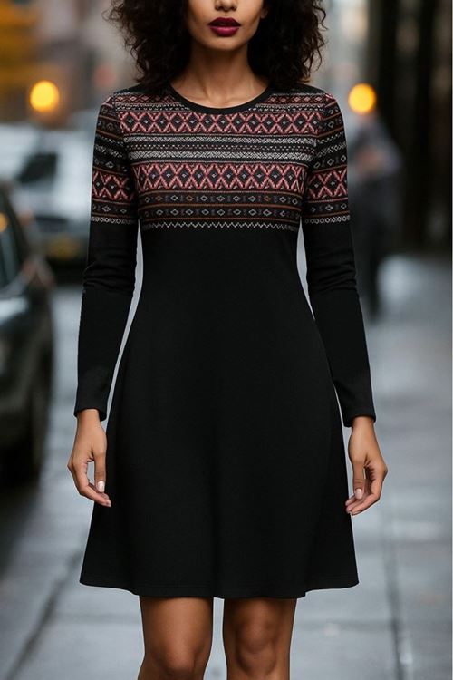 Kadın Uzun Kollu Bisiklet Yaka Etnik Desenli Kısa şardonlu Dalgıç Elbise