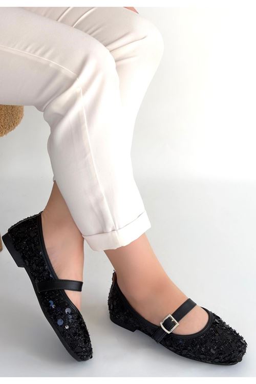 Zaty Siyah Süet Siyah Pullu Babet Ayakkabı