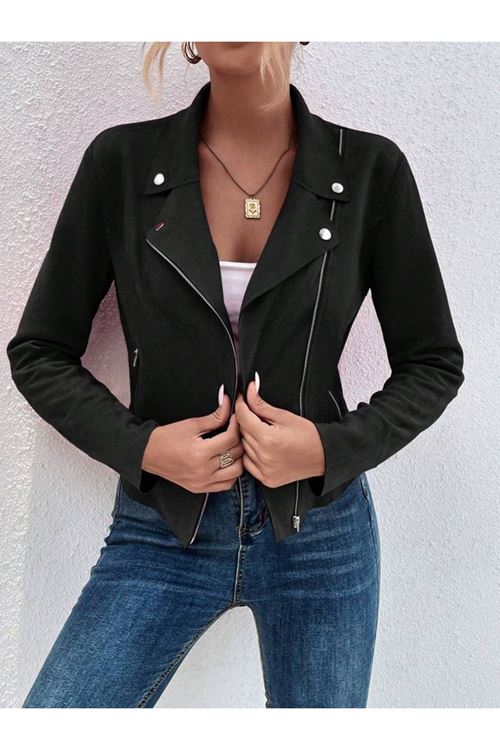 Kadın Uzun Kollu Yakalı önden Fermuarlı Kısa Süet Ceket