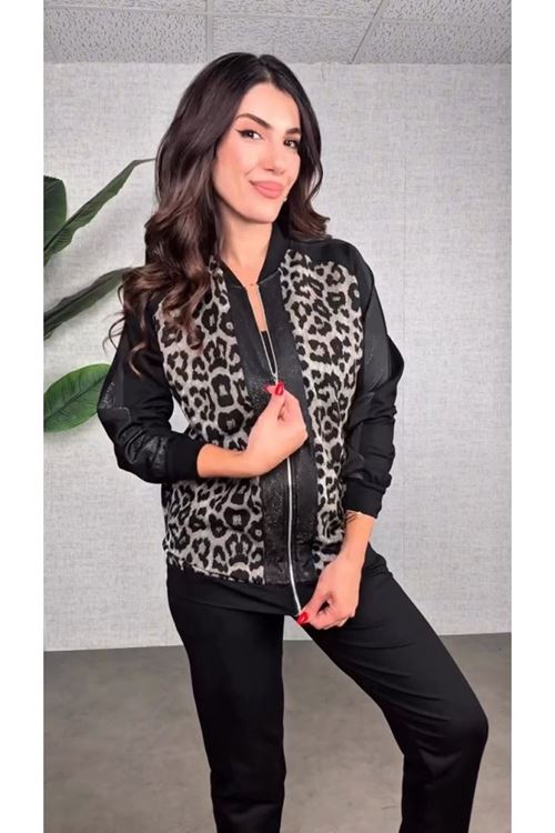 Kadın Uzun Kollu önden Fermuarlı Leopar Desenli Viskon Iki Iplik Bluz Ve Pantolon Ikili Takım