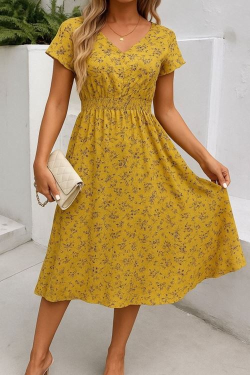 Kadın Kısa Kollu Kruvaze Yaka Beli Lastikli çiçek Desenli Elbise