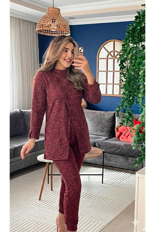 Kadın Uzun Kollu Balıkçı Yaka önden Düğmeli Bluz Ve Pantolon Yumoş Ikili Takım