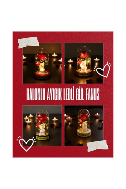 Balonlu Ayıcık Ledli Gül Fanus