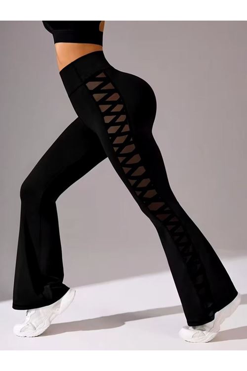 Kadın Yüksek Bel Yanları çapraz Tül Detaylı Dalgıç Tayt