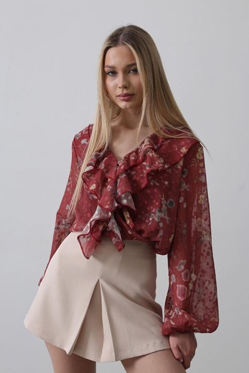 Volanlı Çiçek Desen Şifon Gömlek - Bordo