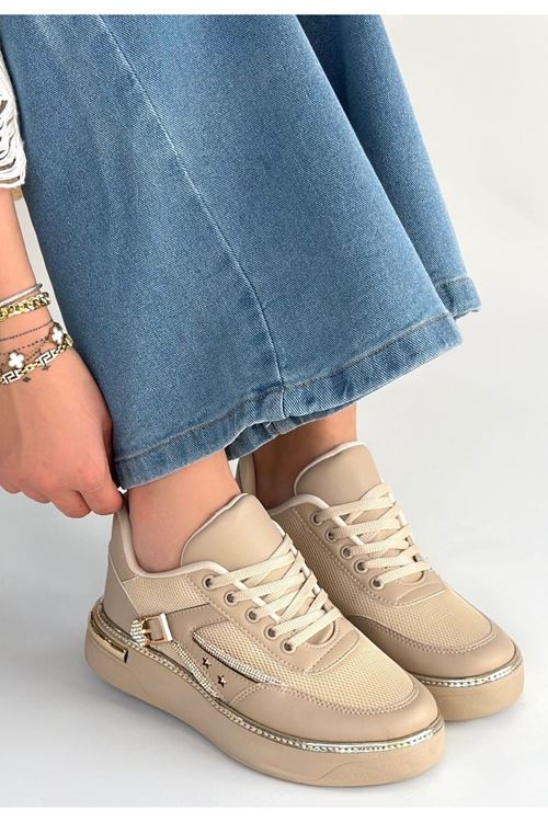 Junda Bej Cilt Bağcıklı Spor Ayakkabı