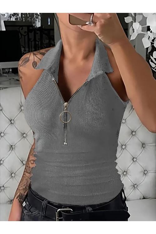 Kadın Kolsuz Polo Yaka önü Fermuarlı Kaşkorse Bluz