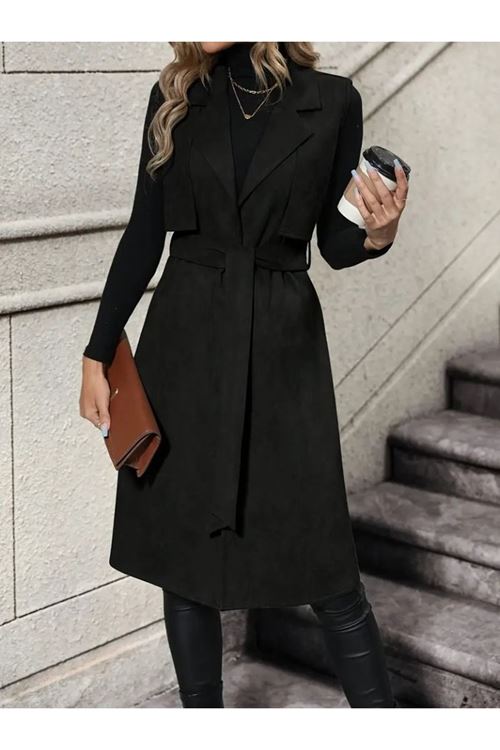 Kadın Kolsuz Yakalı önü Açık Belden Kuşaklı Süet Midi Yelek