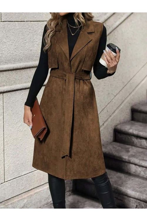 Kadın Kolsuz Yakalı önü Açık Belden Kuşaklı Süet Midi Yelek