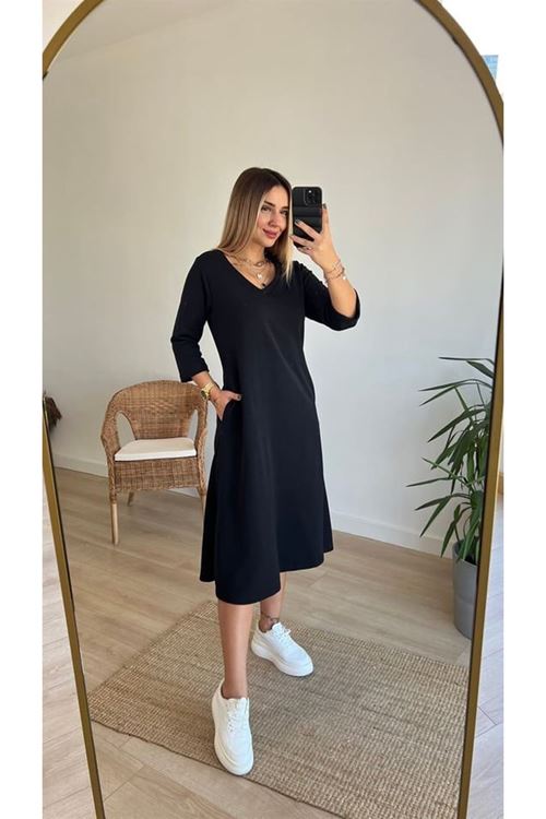 Kadın Uzun Kollu V Yakalı Yanlardan Yırtmaçlı Viskon Iki Iplik Midi Elbise