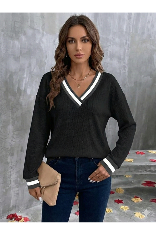 Kadın Uzun Kollu V Yakalı Waffle Bluz