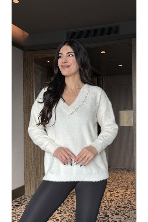 Kadın V Yaka Uzun Kollu Inci Detay Triko Bluz